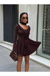 Kahverengi Mini Premium İspanyol Kol Fırfır Detaylı Elbise