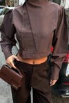 Kahverengi Poplin Asimetrik Yaka G�ömlek