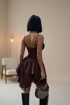 Kahverengi Saten Mini Straplez Askılı Göğüs Bağlamalı Kat Etekli Elbise