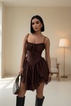 Mini Satin Spaghetti Strap Bust-Tie Tiered Dress - Brown
