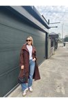 Kahverengi Uzun Premium Dik Yaka Kemerli Trençkot