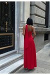 Kırmızı Uzun Dubai Kumaş Sırt Bağlamalı Yırtmaçlı Abiye Elbise