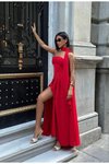 Kırmızı Uzun Dubai Kumaş Sırt Bağlamalı Yırtmaçlı Abiye Elbise