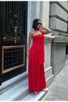 Kırmızı Uzun Dubai Kumaş Sırt Bağlamalı Yırtmaçlı Abiye Elbise