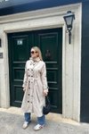 Krem Uzun Premium Dik Yaka Kemerli Trençkot