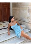 Mavi Çiçek Desenli Mini Halter Büstiyer Detaylı Elbise