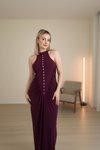 Long Ruched Halter Neck Button Detail Evening Dress - Plum