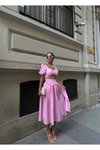 Pembe Balon Kol Göğüs Detaylı Poplin Kumaş İkili Etek Bluz Takım