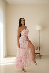 Pembe Çiçek Desenli Uzun Askılı Şifon Fırfırlı Elbise