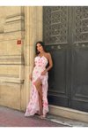 Pembe Çiçek Desenli Uzun Askılı Şifon Fırfırlı Elbise