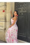 Pembe Çiçek Desenli Uzun Askılı Şifon Fırfırlı Elbise