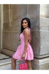 Pembe Mini Boyundan Bağlamalı Kare Yaka Balon Astarlı Elbise