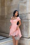 Pembe Mini Karpuz Kol Kare Yaka Fırfır Detaylı Elbise