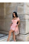 Pembe Mini Karpuz Kol Kare Yaka Fırfır Detaylı Elbise