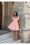 Pembe Mini Karpuz Kol Kare Yaka Fırfır Detaylı Elbise