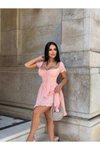Pembe Mini Karpuz Kol Kare Yaka Fırfır Detaylı Elbise