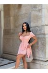 Pembe Mini Karpuz Kol Kare Yaka Fırfır Detaylı Elbise