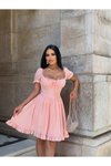 Pembe Mini Karpuz Kol Kare Yaka Fırfır Detaylı Elbise