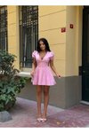 Pembe Mini Pile Etekli Puff Kol Elbise