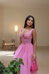 Pembe Uzun Korsaj Form Kalın Askılı Büzgü Detaylı Elbise