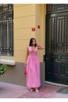 Pembe Uzun Korsaj Form Kalın Askılı Büzgü Detaylı Elbise