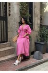 Pembe Uzun V Yaka Müslin Keten Dokulu Beli Büzgülü Bağlamalı Elbise