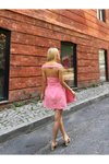Pudra Mini Omzu Açık Sırt Dekolteli Lastikli Elbise