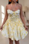 Sarı Çiçek Desenli Halter Mini Büstiyer Detaylı Elbise