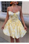 Sarı Çiçek Desenli Halter Mini Büstiyer Detaylı Elbise