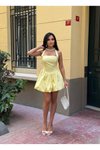 Sarı Mini Boyundan Bağlamalı Kare Yaka Balon Astarlı Elbise