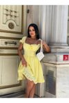Sarı Mini Kare Yaka Fırfır Detaylı Karpuz Kol Göğüs Bağlamalı Elbise