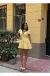 Sarı Mini Pile Etekli Puff Kol Elbise