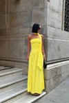 Sarı Uzun Çapraz Kesim Yırtmaçlı Sırt Bağlamalı Abiye Elbise