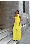Sarı Uzun Çapraz Kesim Yırtmaçlı Sırt Bağlamalı Abiye Elbise