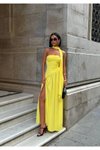 Sarı Uzun Çapraz Kesim Yırtmaçlı Sırt Bağlamalı Abiye Elbise