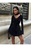 Siyah Mini İspanyol Kol Fırfır Detaylı Dekolteli Elbise