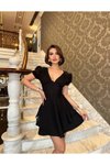 Siyah Mini Korse Detaylı Kat Etekli V Yaka Elbise