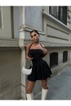 Siyah Mini Straplez Formlu Halter Yaka Şortlu Elbise