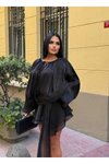 Siyah Şifon Mini Şortlu Uzun Kollu Volanlı Kuşak Detaylı Elbise
