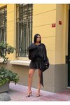 Siyah Şifon Mini Şortlu Uzun Kollu Volanlı Kuşak Detaylı Elbise