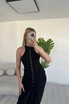 Siyah Uzun Halter Yaka Büzgülü Düğme Detaylı Abiye Elbise