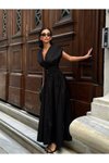 Siyah Uzun Kısa Kollu Kuşak Detaylı V Yaka Elbise