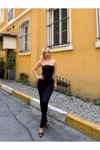 Siyah Uzun Sandy Straplez Yaka Yan Büzgülü Elbise