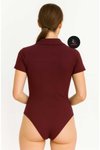 Bordo Kısa Kollu İpek Jarse Patlı Yakalı Body