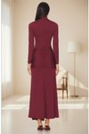 Bordo Uzun Kuşaklı Astarlı Fermuarlı İpek Jarse Elbise