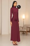 Bordo Uzun Kuşaklı Astarlı Fermuarlı İpek Jarse Elbise