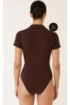 Kahverengi Kısa Kollu İpek Jarse Patlı Yakalı Body
