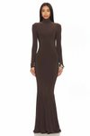 Kahverengi Uzun Yarım Balıkçı Yaka Etek Ucu Volanlı Abiye Elbise