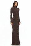Kahverengi Uzun Yarım Balıkçı Yaka Etek Ucu Volanlı Abiye Elbise