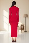 Kırmızı Midi İpek Jarse Astarlı Bisiklet Yaka Elbise